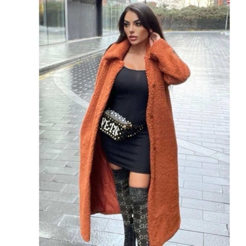 Rust Long Sleeve Oversized Long Maxi Teddy Bear Fur Coat - Picture 5 of 9